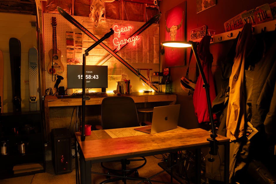 A cozy workspace setup inside a custom gear garage with ambient lighting, perfect for creative content creation.