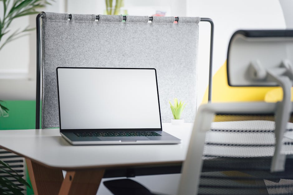 A contemporary office setup featuring a laptop, office chair, and a potted plant on a desk.